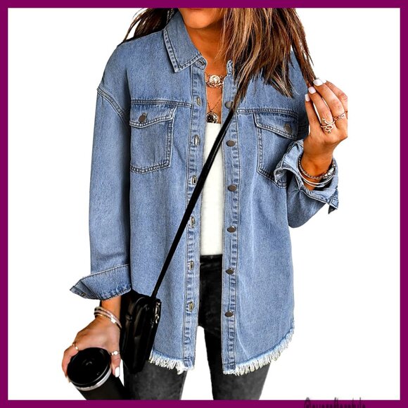 Oversized Denim Jacket Women's Button Down Shacket Frayed Hem Casual